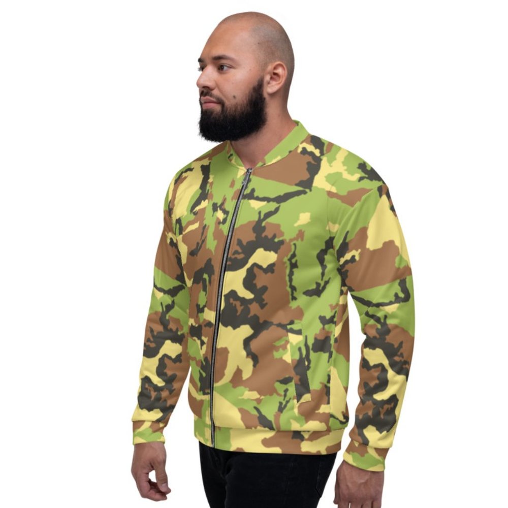 Green CAMO Pattern Unisex Bomber Jacket.